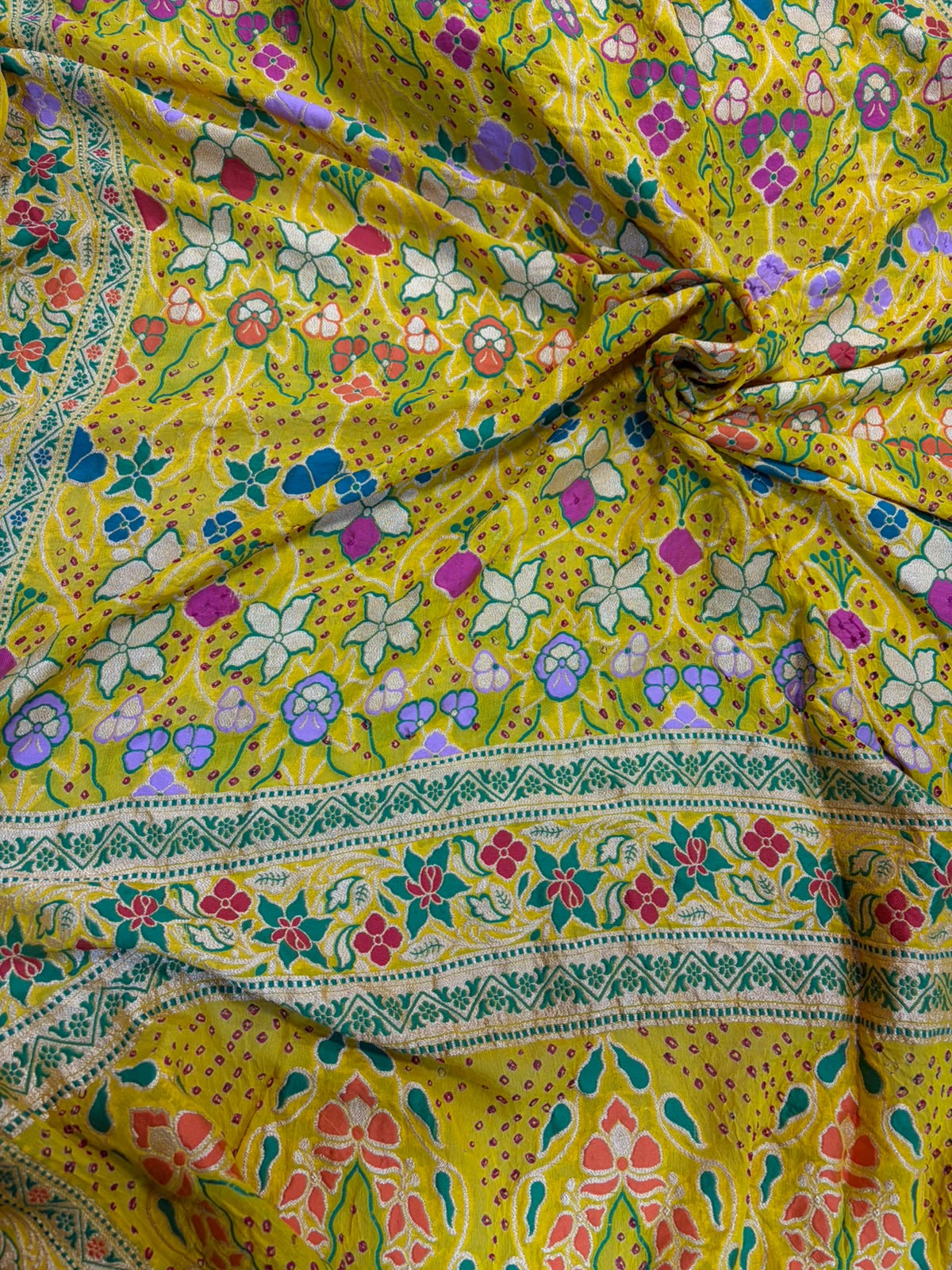 Yellow Georgette Banarasi Bandhani Meenakari Saree