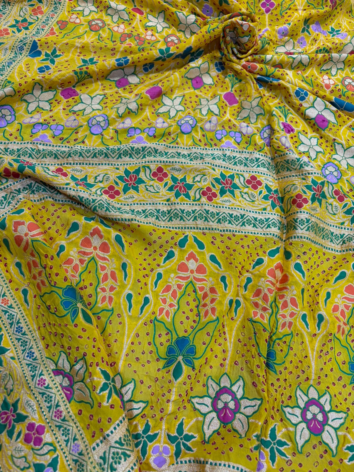 Yellow Georgette Banarasi Bandhani Meenakari Saree