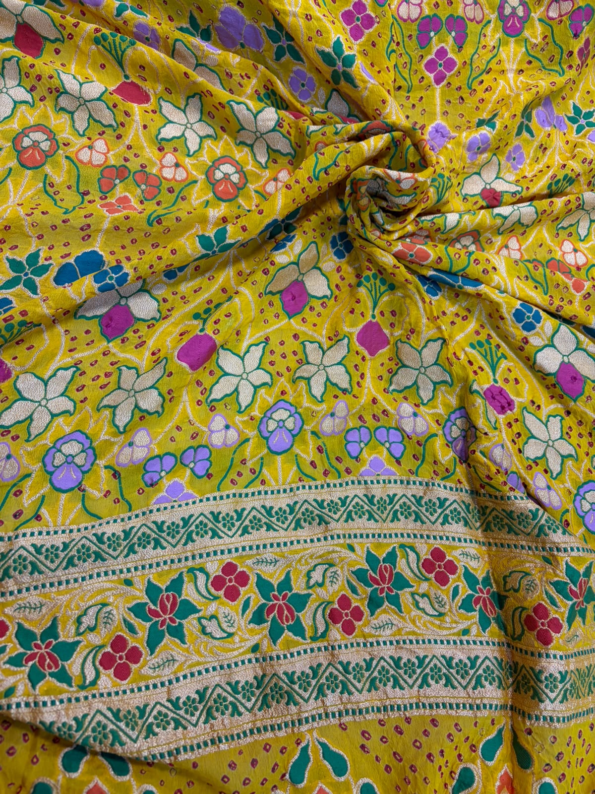 Yellow Georgette Banarasi Bandhani Meenakari Saree