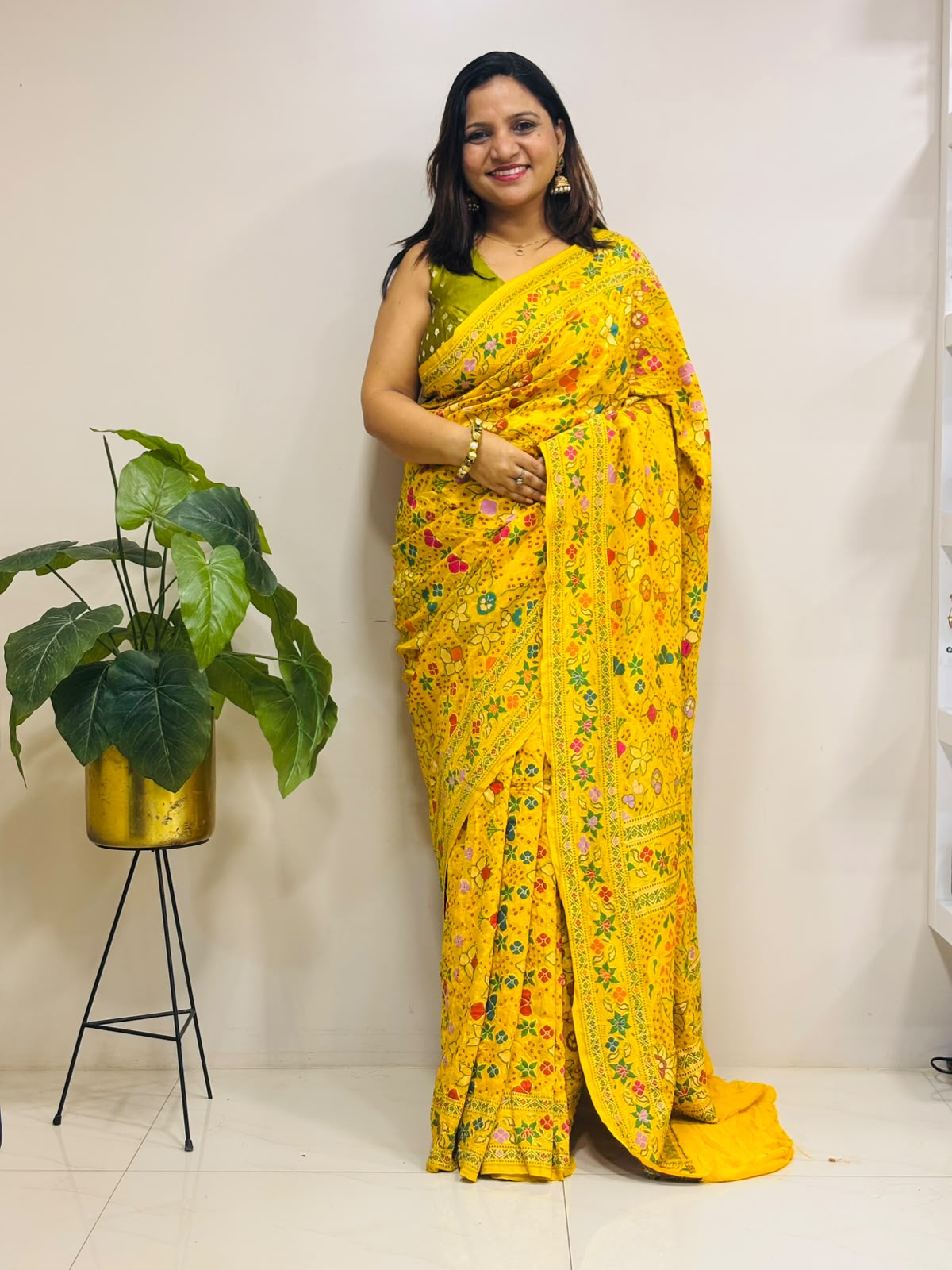 Yellow Georgette Banarasi Bandhani Meenakari Saree