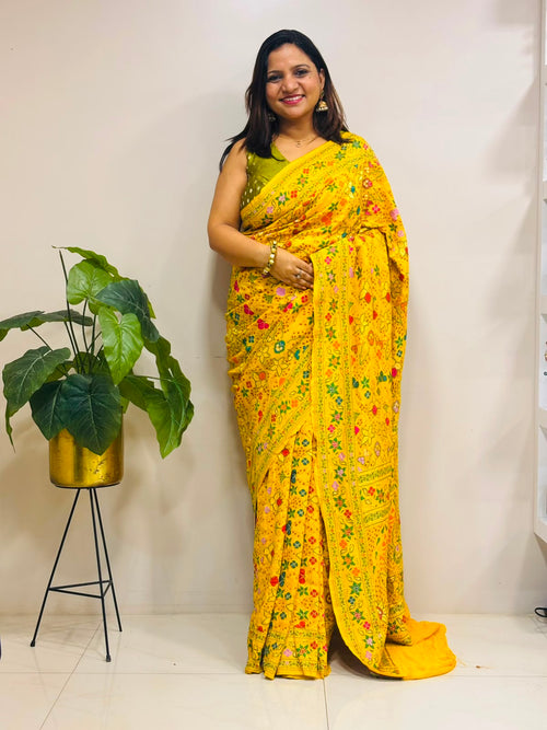 Yellow Georgette Banarasi Bandhani Meenakari Saree