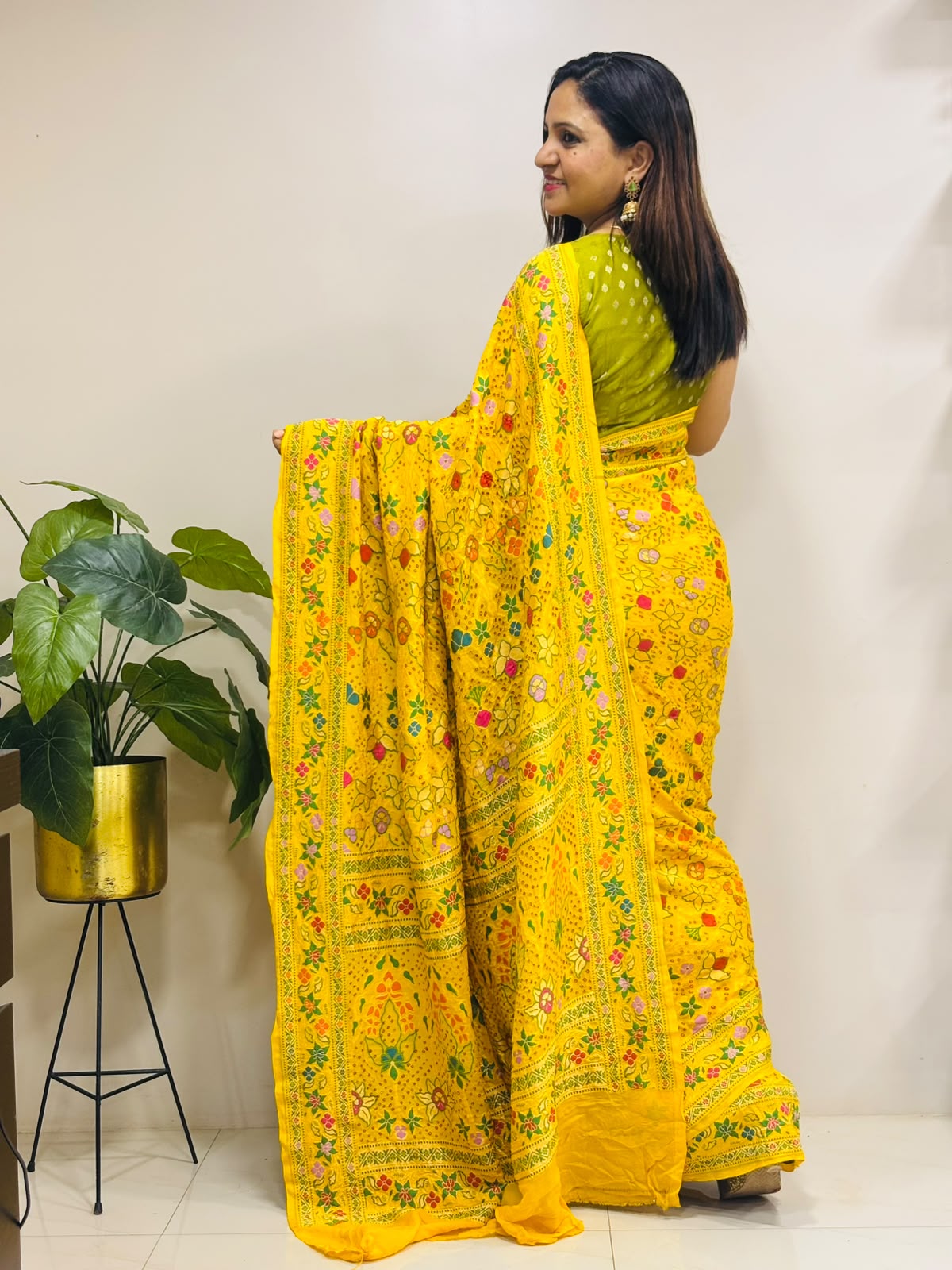 Yellow Georgette Banarasi Bandhani Meenakari Saree