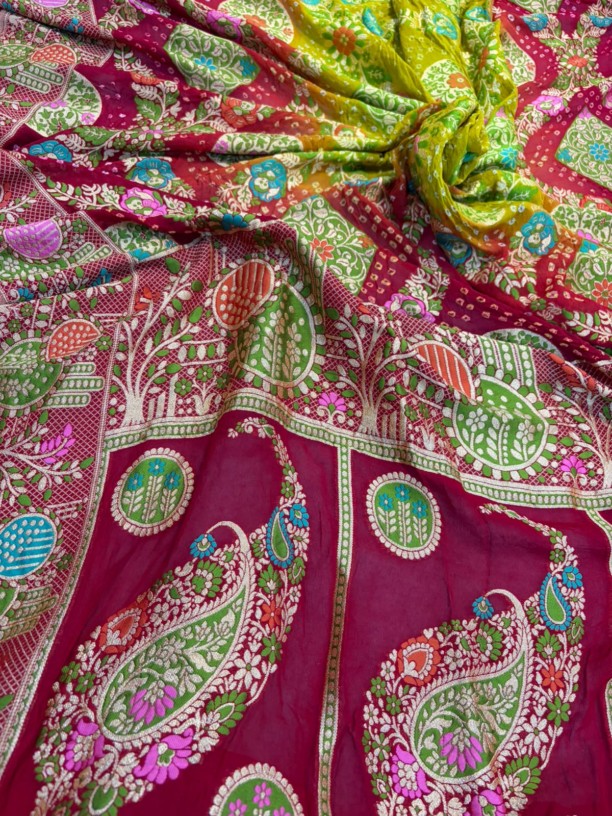 Green Red Georgette Banarasi Bandhani Meenakari Saree