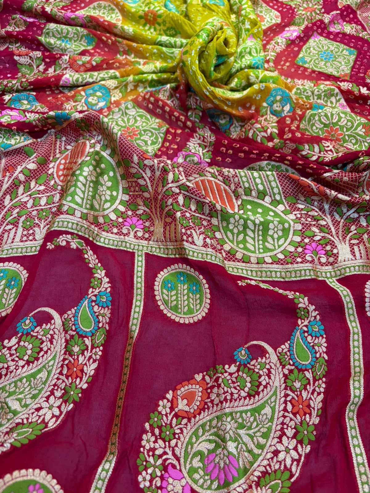 Green Red Georgette Banarasi Bandhani Meenakari Saree