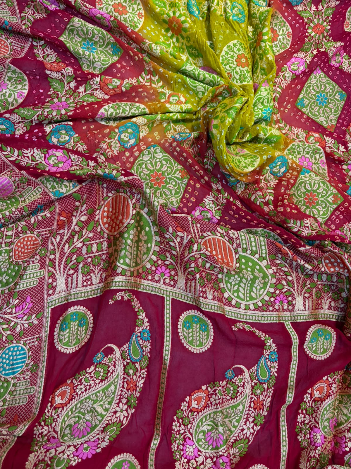 Green Red Georgette Banarasi Bandhani Meenakari Saree