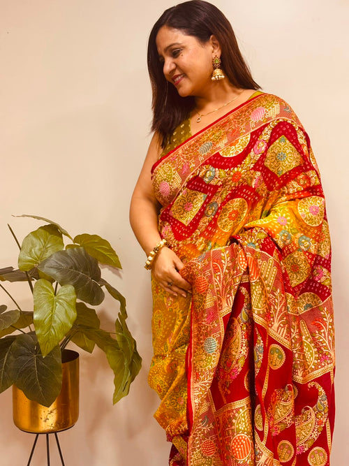 Green Red Georgette Banarasi Bandhani Meenakari Saree