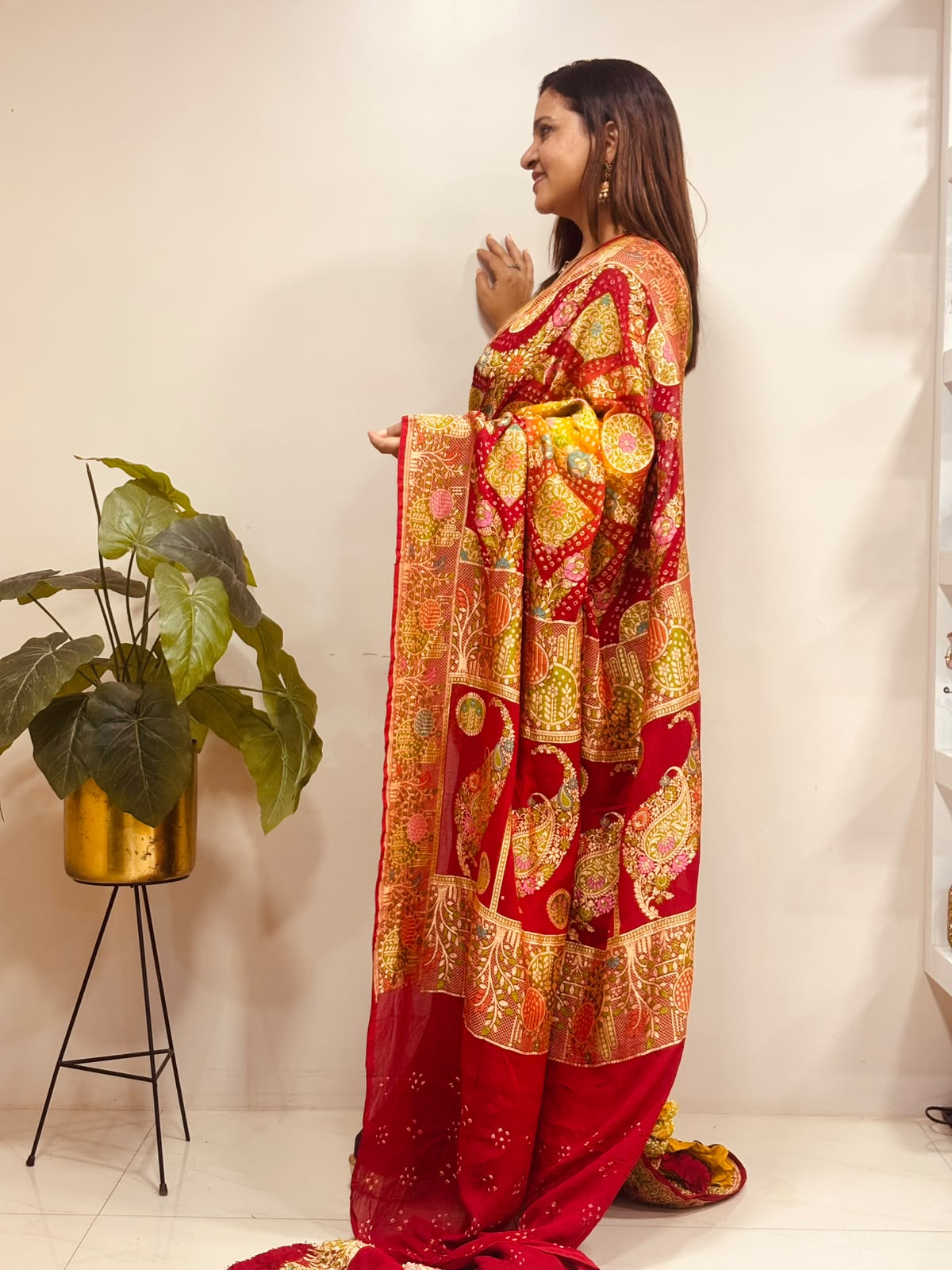 Green Red Georgette Banarasi Bandhani Meenakari Saree