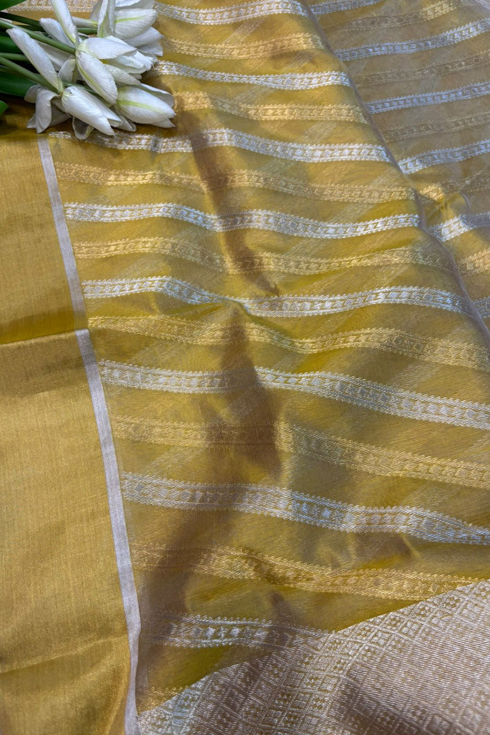 Yellow Chanderi Handloom Tissue Katan Silk Sona Roopa Stripe Design Saree - Luxurion World