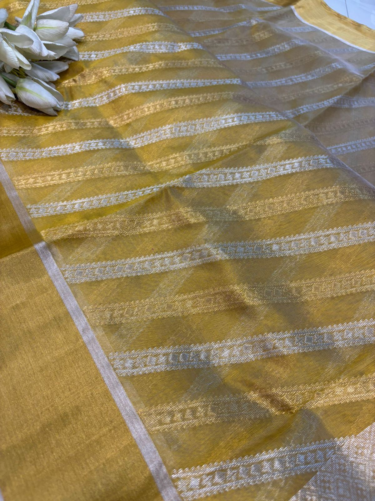 Yellow Chanderi Handloom Tissue Katan Silk Sona Roopa Stripe Design Saree - Luxurion World