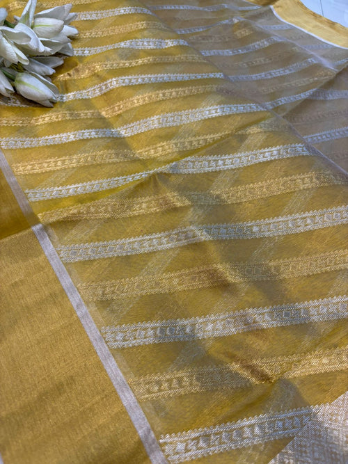 Yellow Chanderi Handloom Tissue Katan Silk Sona Roopa Stripe Design Saree - Luxurion World