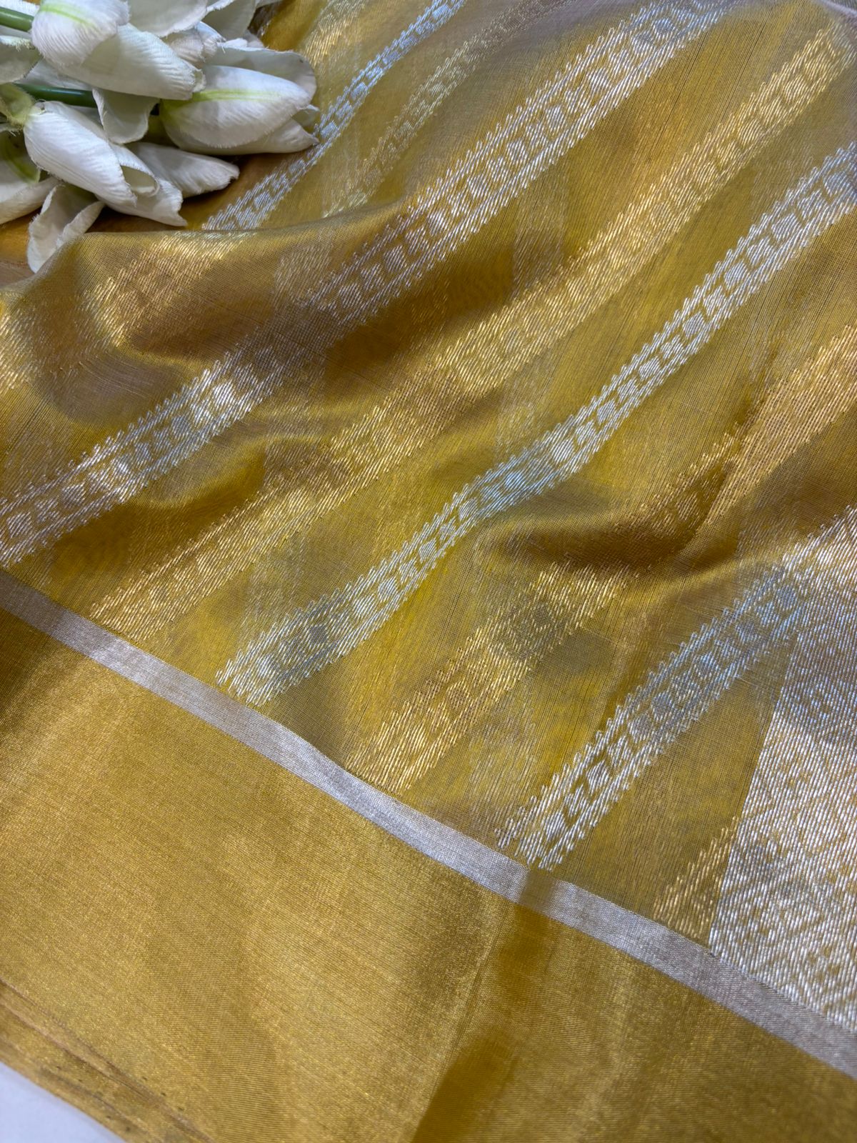 Yellow Chanderi Handloom Tissue Katan Silk Sona Roopa Stripe Design Saree - Luxurion World