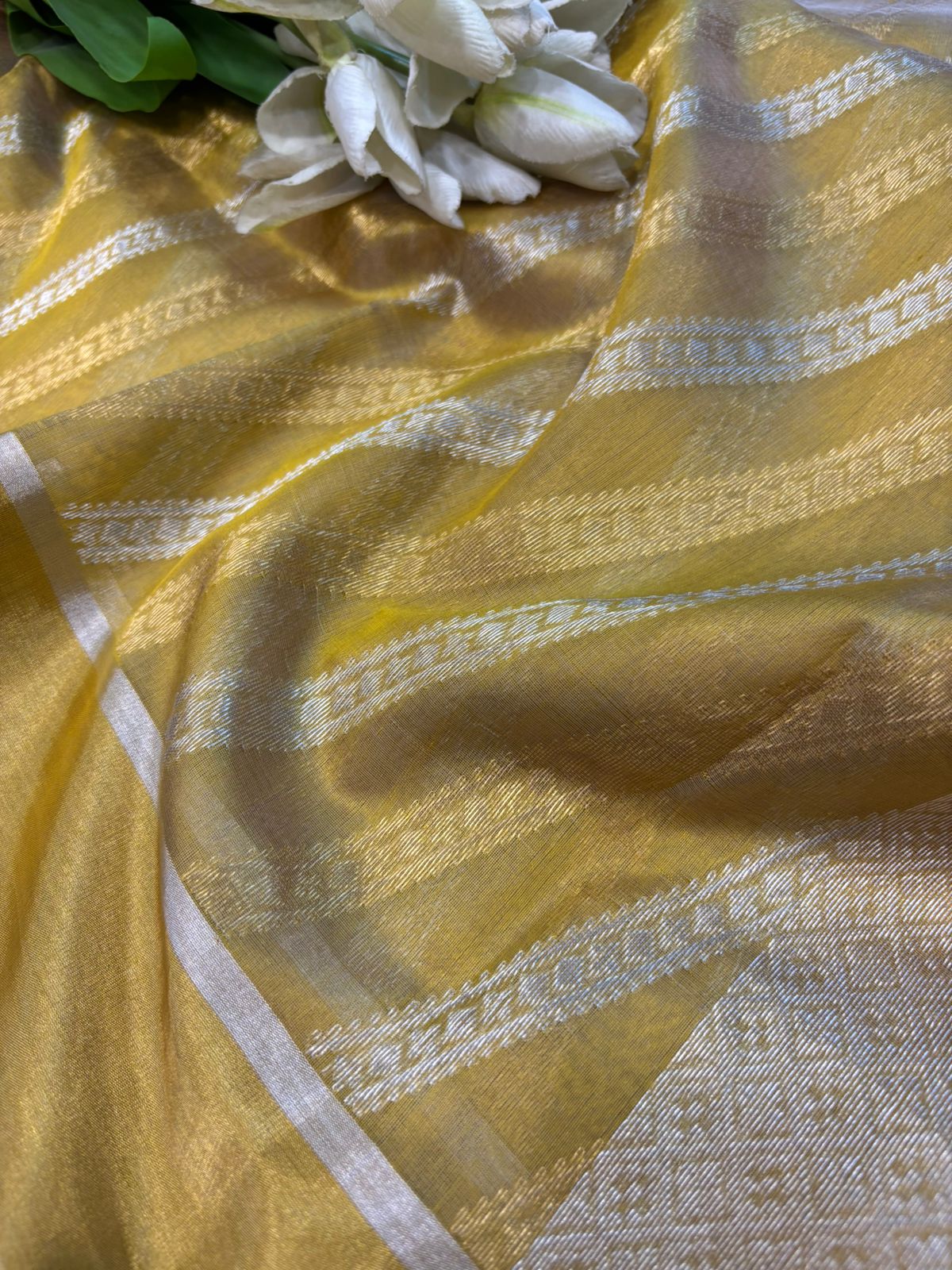 Yellow Chanderi Handloom Tissue Katan Silk Sona Roopa Stripe Design Saree - Luxurion World