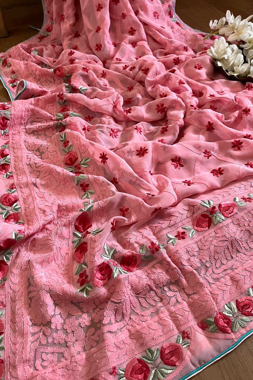 Beautiful Pink Hand Embroidered Chikankari Georgette Floral Design Saree - Luxurion World