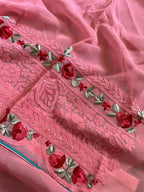 Beautiful Pink Hand Embroidered Chikankari Georgette Floral Design Saree - Luxurion World