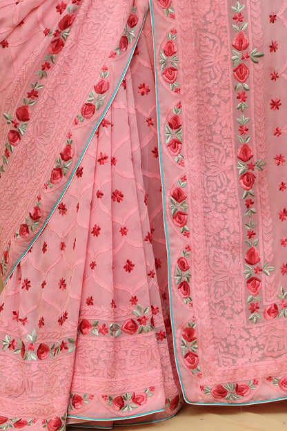 Beautiful Pink Hand Embroidered Chikankari Georgette Floral Design Saree - Luxurion World