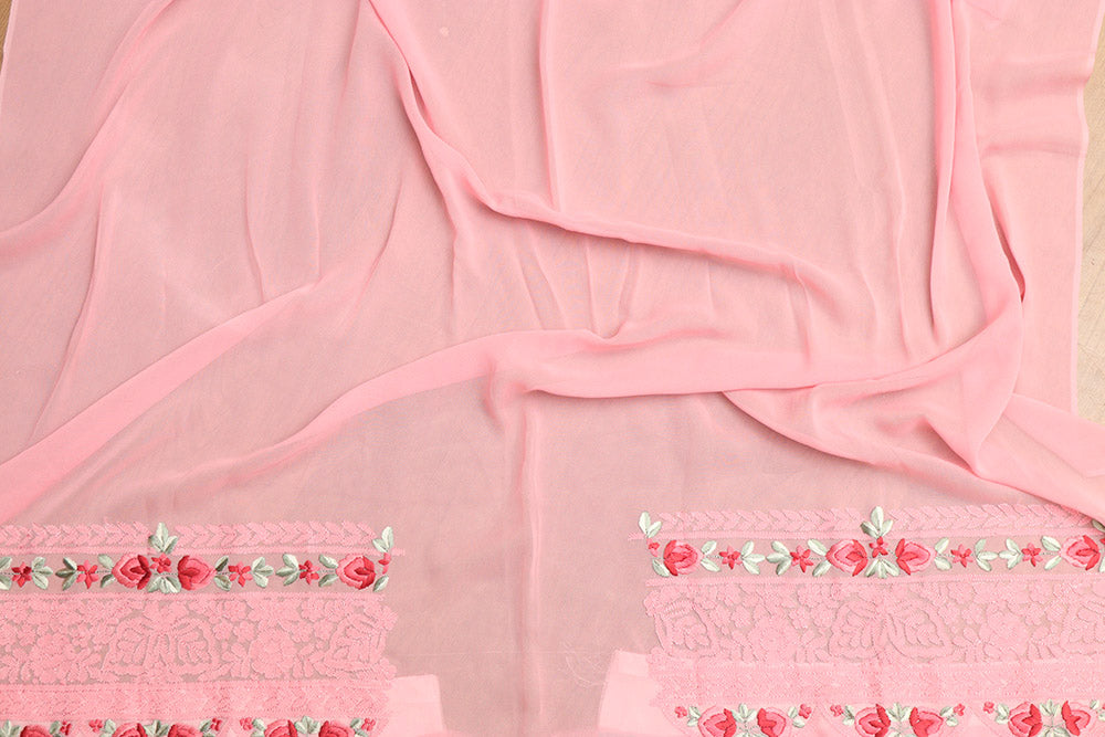 Beautiful Pink Hand Embroidered Chikankari Georgette Floral Design Saree - Luxurion World