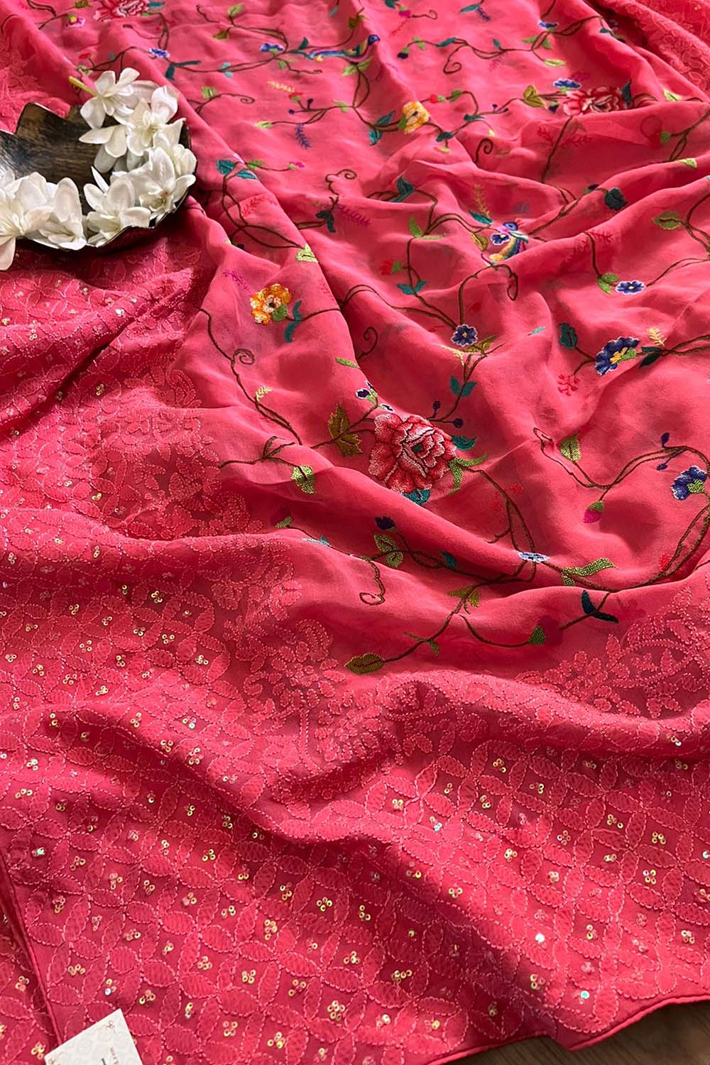 Delicate Pink Hand Embroidered Chikankari Georgette Petit Point Saree - Luxurion World