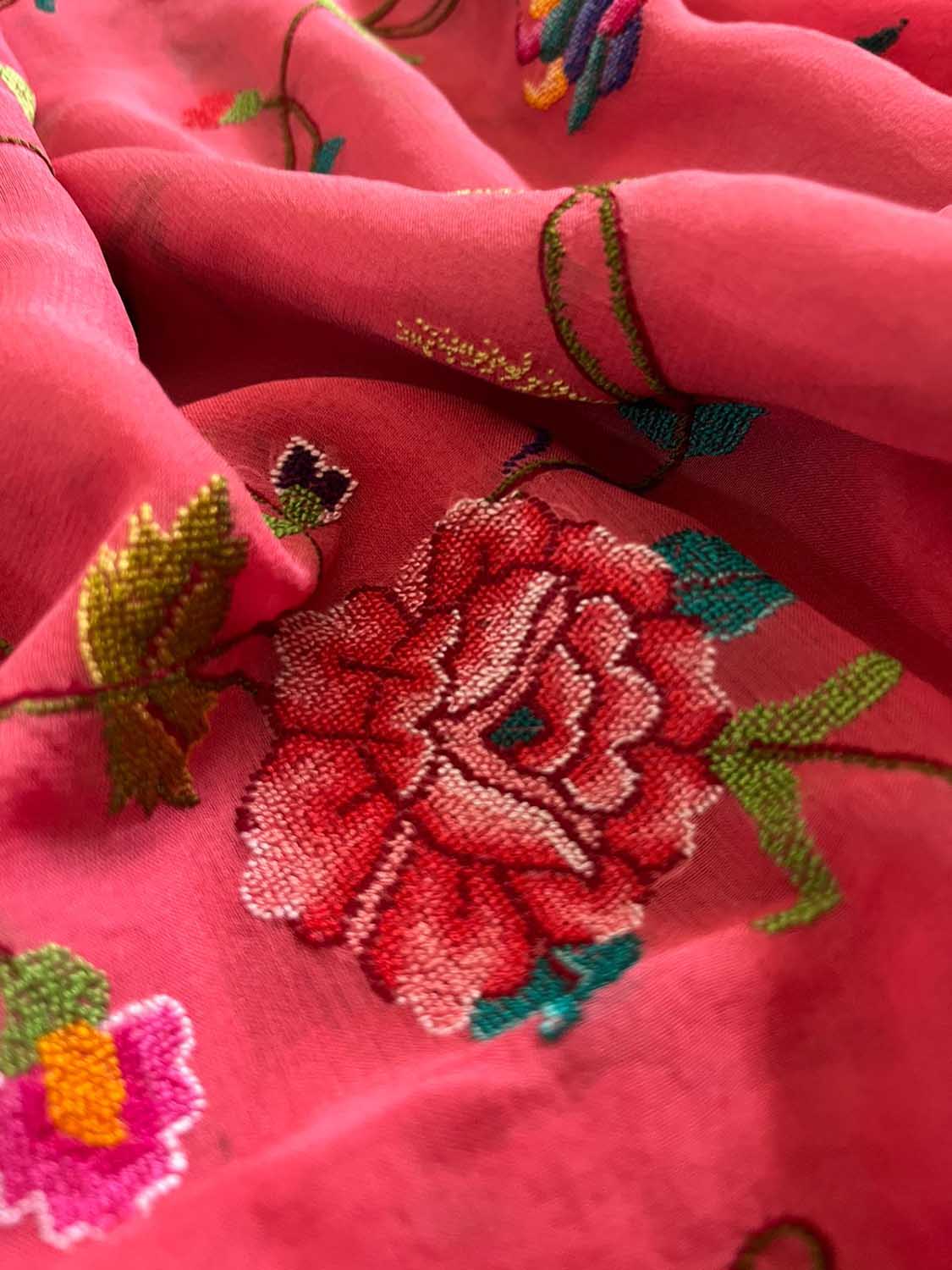 Delicate Pink Hand Embroidered Chikankari Georgette Petit Point Saree - Luxurion World