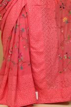 Delicate Pink Hand Embroidered Chikankari Georgette Petit Point Saree - Luxurion World