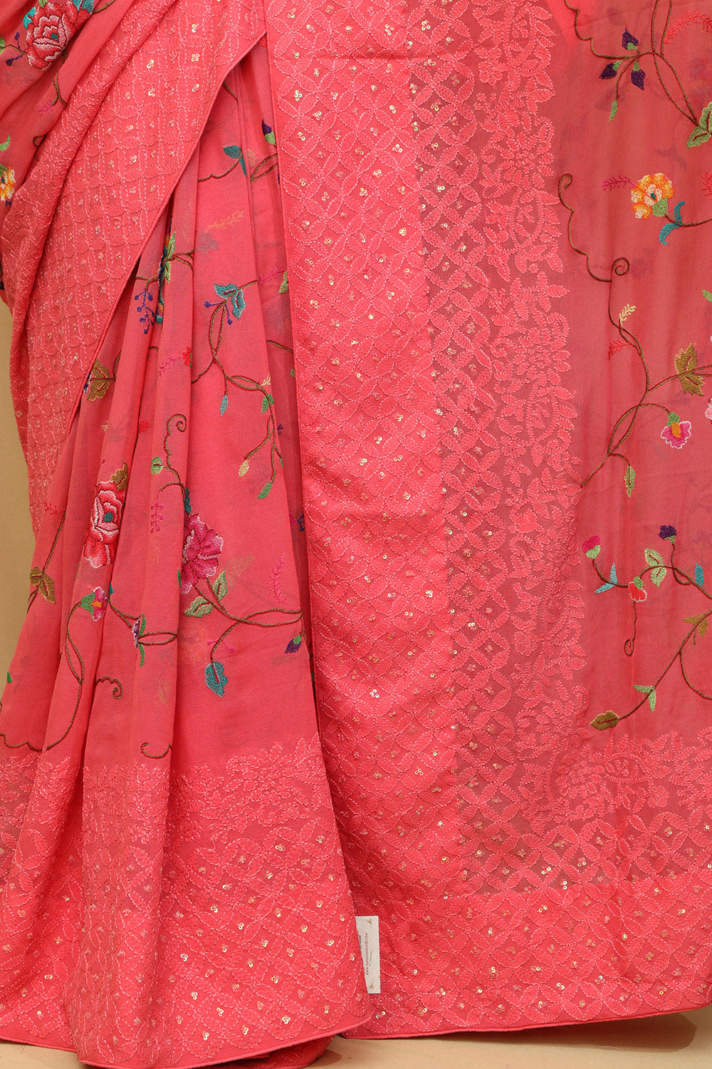 Delicate Pink Hand Embroidered Chikankari Georgette Petit Point Saree - Luxurion World