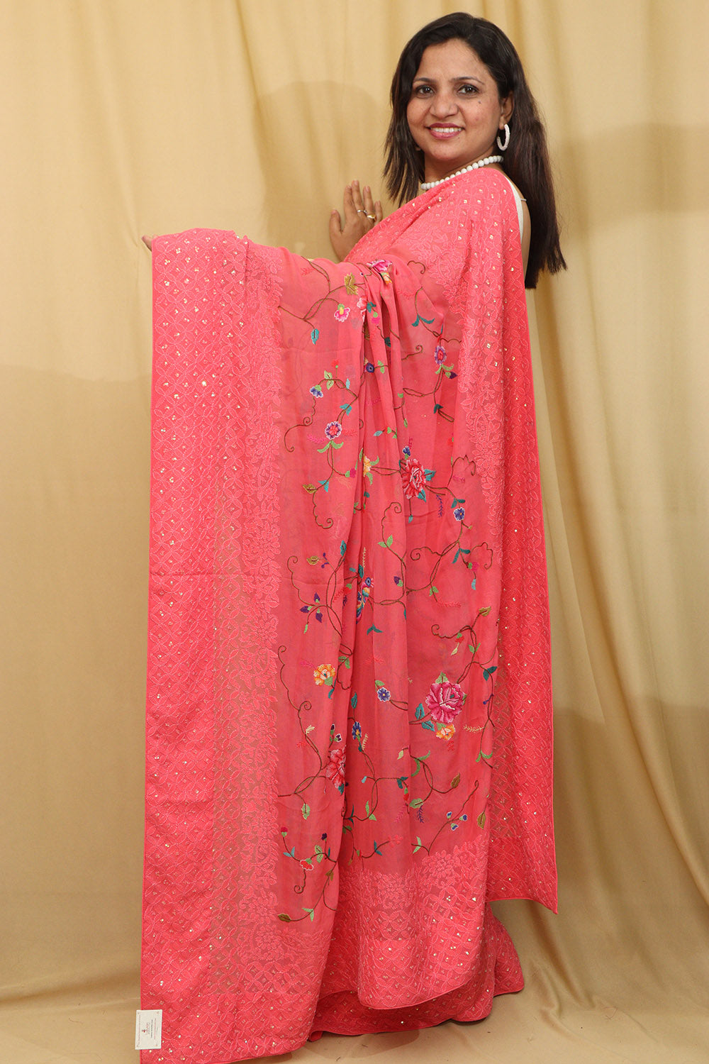 Delicate Pink Hand Embroidered Chikankari Georgette Petit Point Saree - Luxurion World