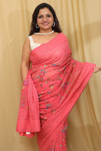 Delicate Pink Hand Embroidered Chikankari Georgette Petit Point Saree - Luxurion World
