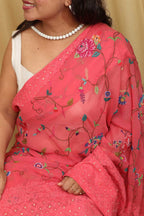 Delicate Pink Hand Embroidered Chikankari Georgette Petit Point Saree - Luxurion World