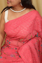 Delicate Pink Hand Embroidered Chikankari Georgette Petit Point Saree - Luxurion World