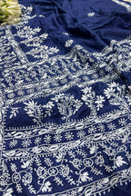 Blue Chikankari Pure Tussar Silk Embroidered Saree - Luxurion World