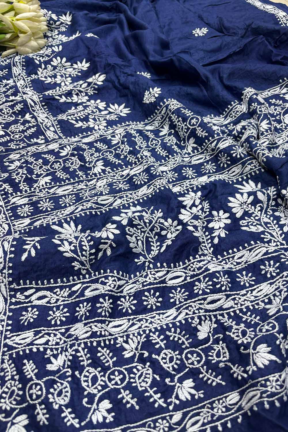 Blue Chikankari Pure Tussar Silk Embroidered Saree - Luxurion World