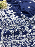 Blue Chikankari Pure Tussar Silk Embroidered Saree - Luxurion World