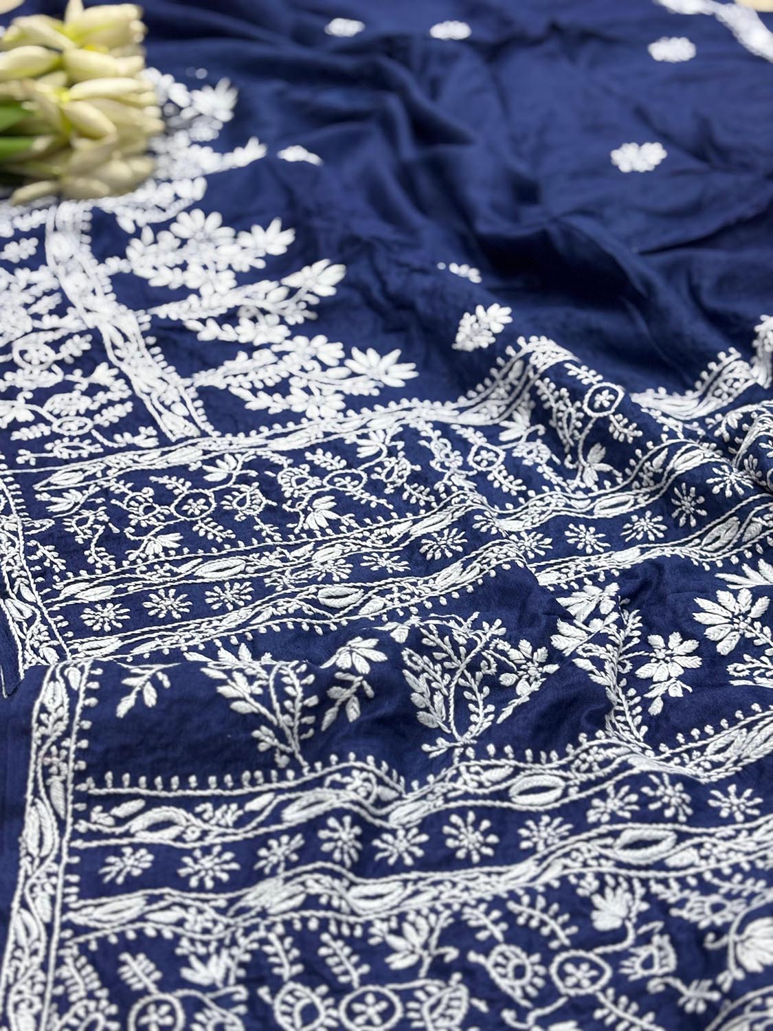 Blue Chikankari Pure Tussar Silk Embroidered Saree - Luxurion World