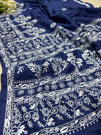 Blue Chikankari Pure Tussar Silk Embroidered Saree - Luxurion World
