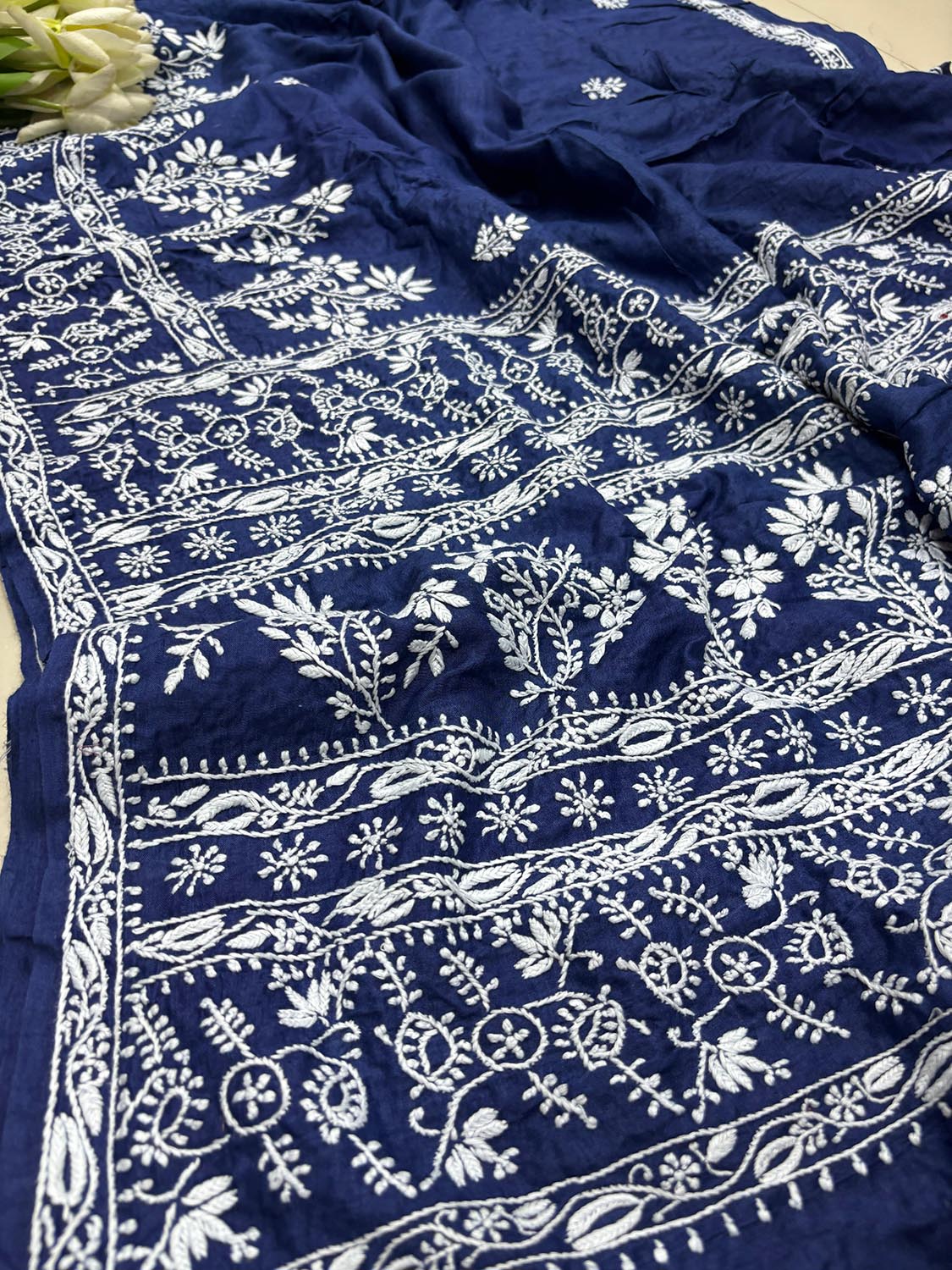 Blue Chikankari Pure Tussar Silk Embroidered Saree - Luxurion World