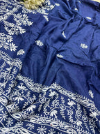 Blue Chikankari Pure Tussar Silk Embroidered Saree - Luxurion World