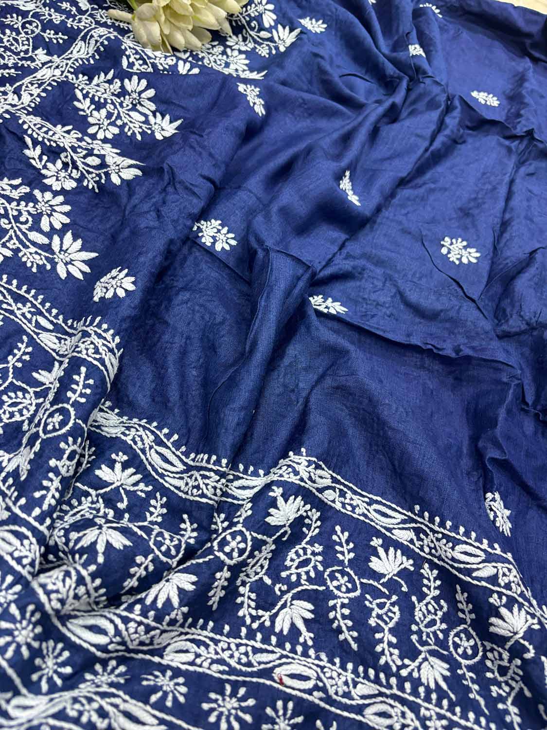 Blue Chikankari Pure Tussar Silk Embroidered Saree - Luxurion World