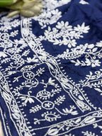 Blue Chikankari Pure Tussar Silk Embroidered Saree - Luxurion World