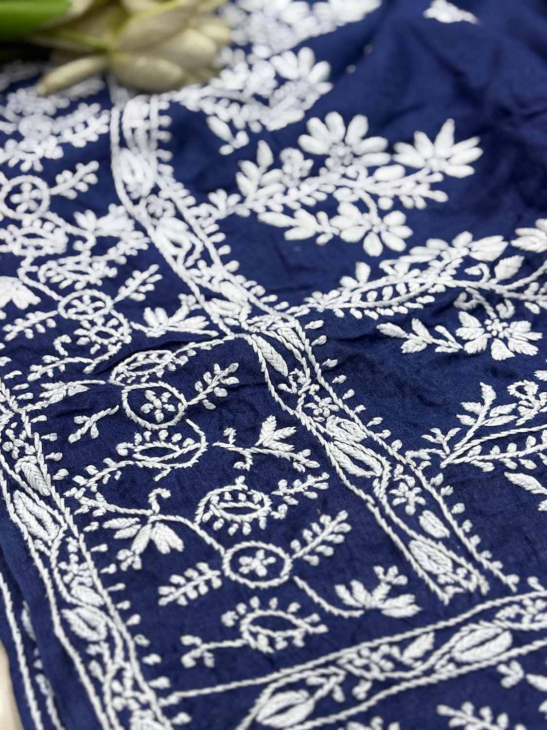 Blue Chikankari Pure Tussar Silk Embroidered Saree - Luxurion World