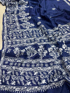 Blue Chikankari Pure Tussar Silk Embroidered Saree - Luxurion World