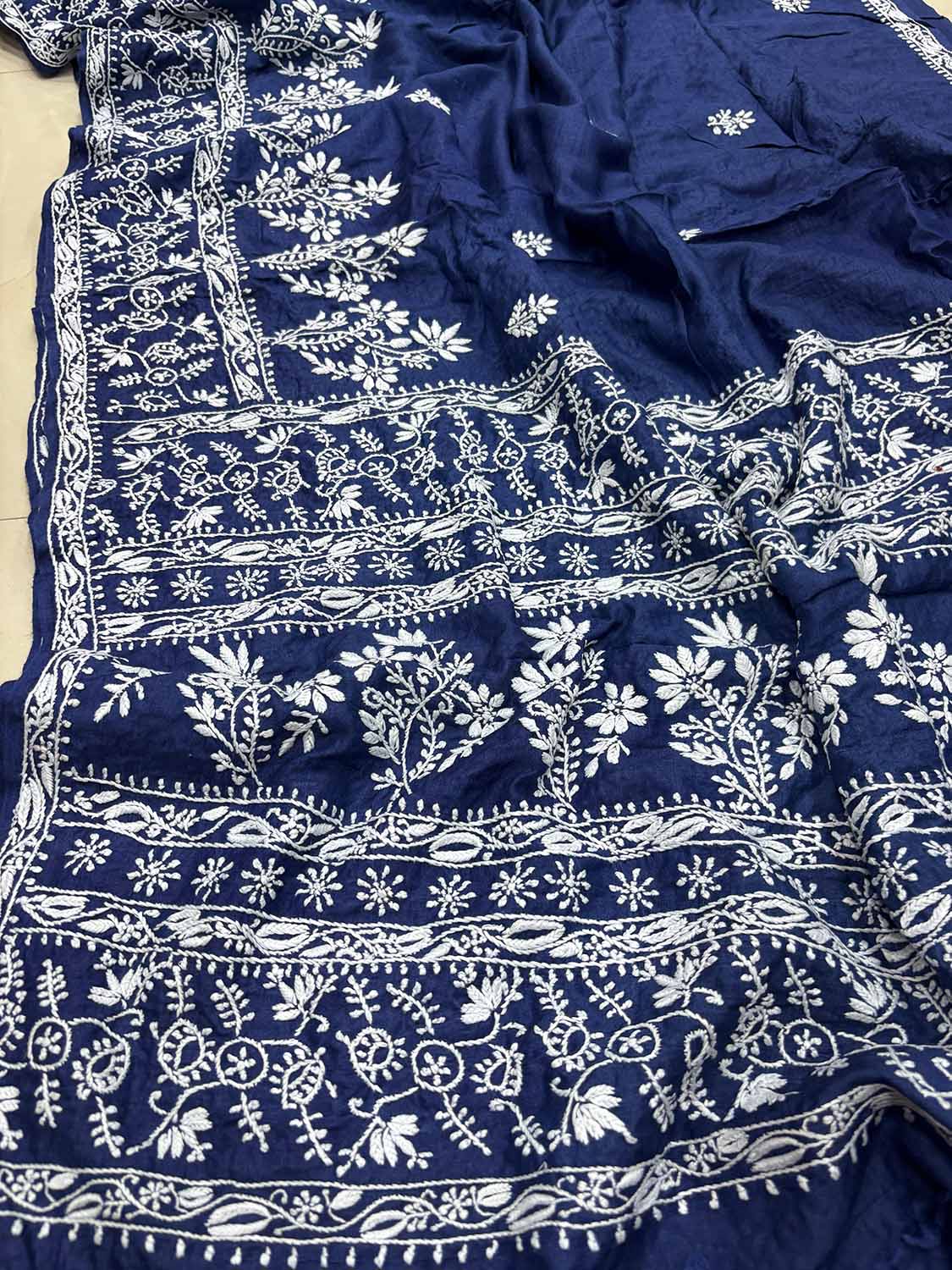 Blue Chikankari Pure Tussar Silk Embroidered Saree - Luxurion World