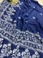 Blue Chikankari Pure Tussar Silk Embroidered Saree - Luxurion World