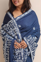 Blue Chikankari Pure Tussar Silk Embroidered Saree - Luxurion World