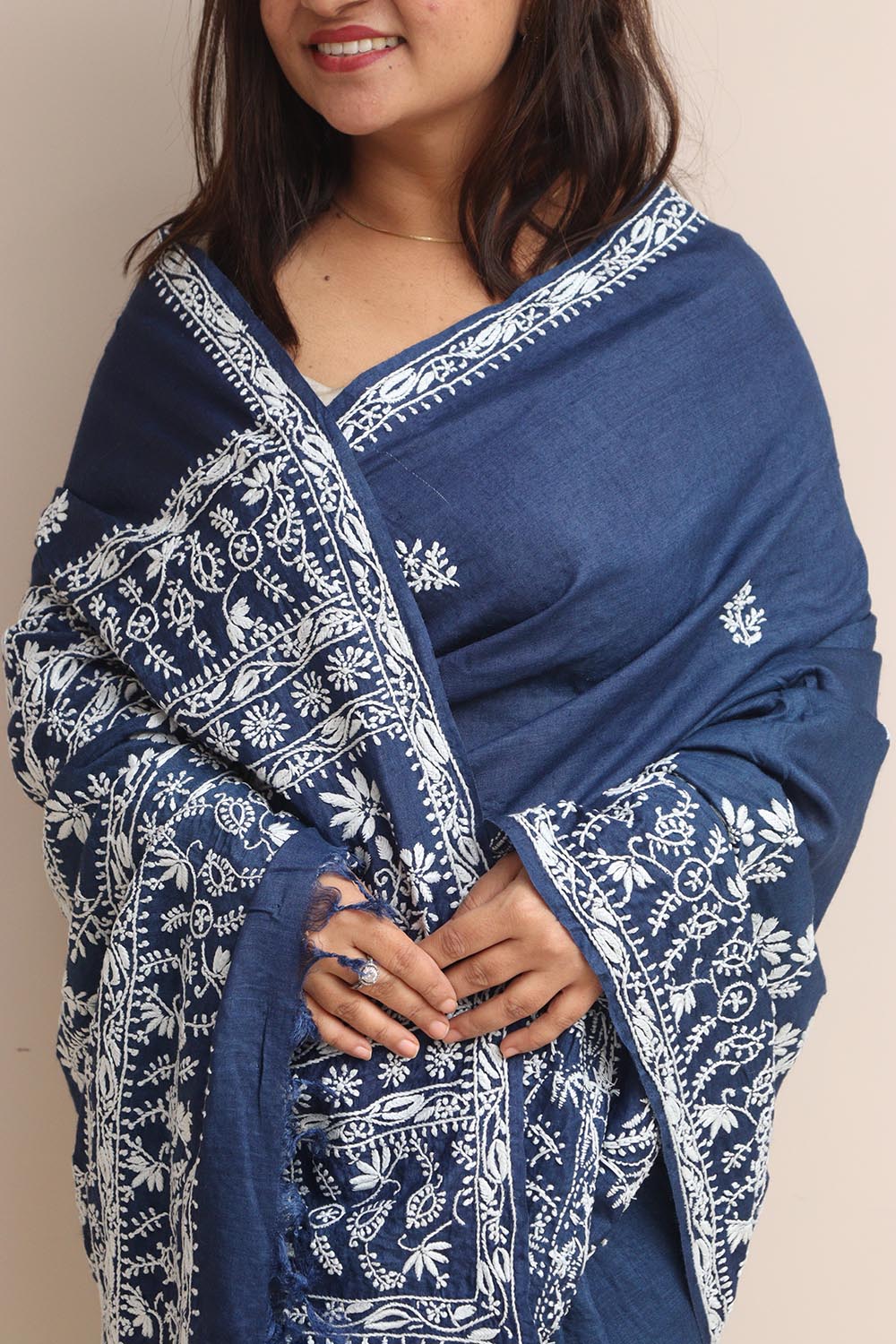 Blue Chikankari Pure Tussar Silk Embroidered Saree - Luxurion World