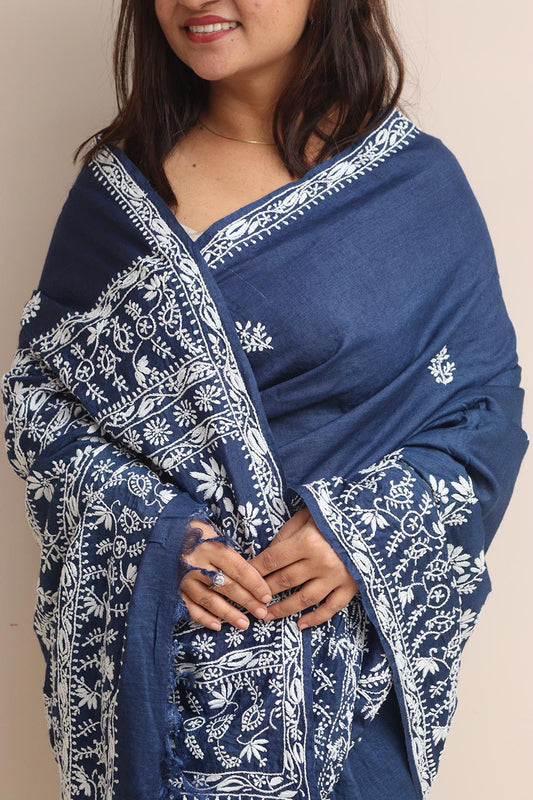 Blue Chikankari Pure Tussar Silk Embroidered Saree - Luxurion World