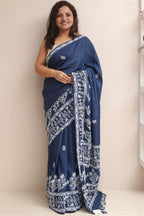 Blue Chikankari Pure Tussar Silk Embroidered Saree - Luxurion World