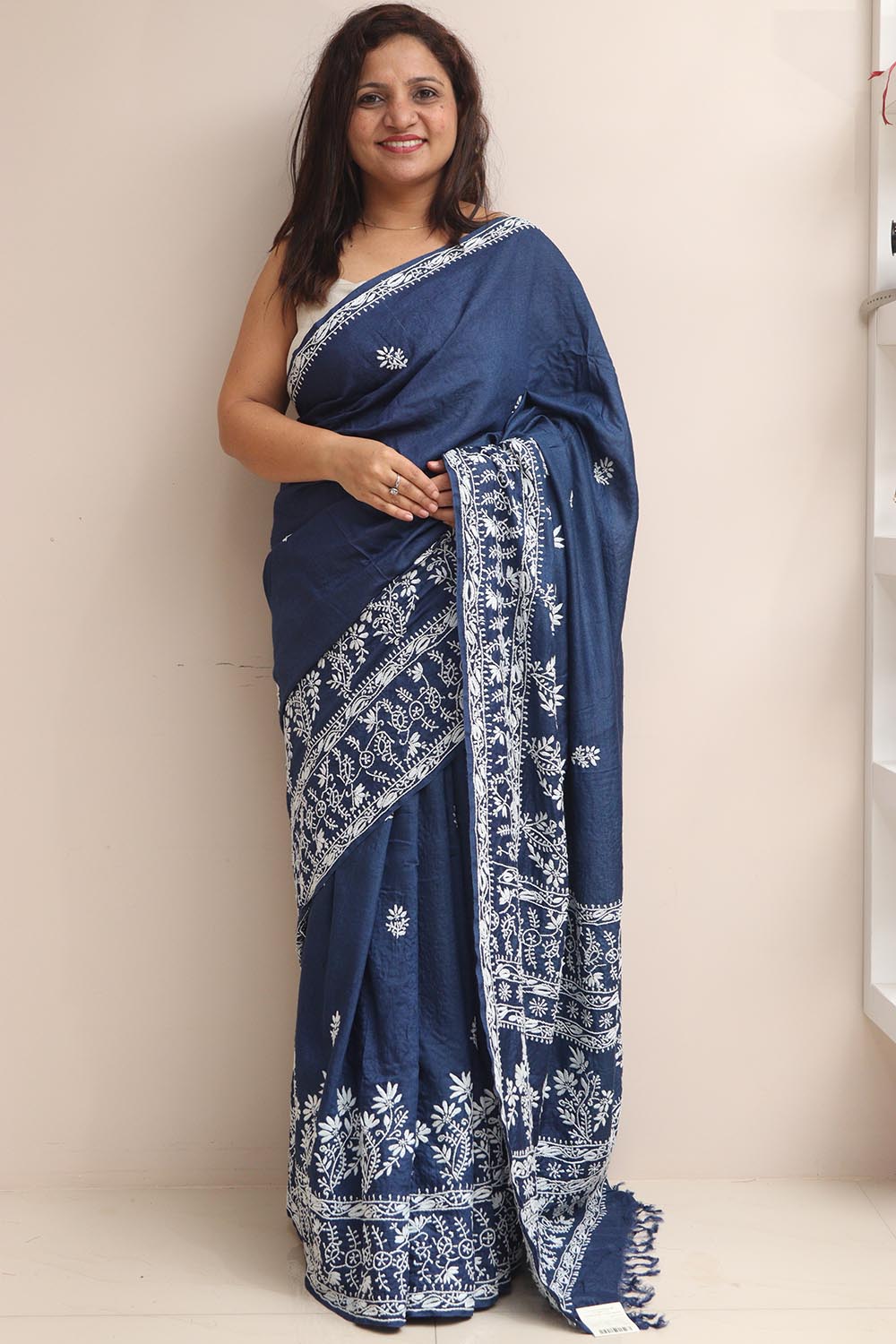 Blue Chikankari Pure Tussar Silk Embroidered Saree - Luxurion World