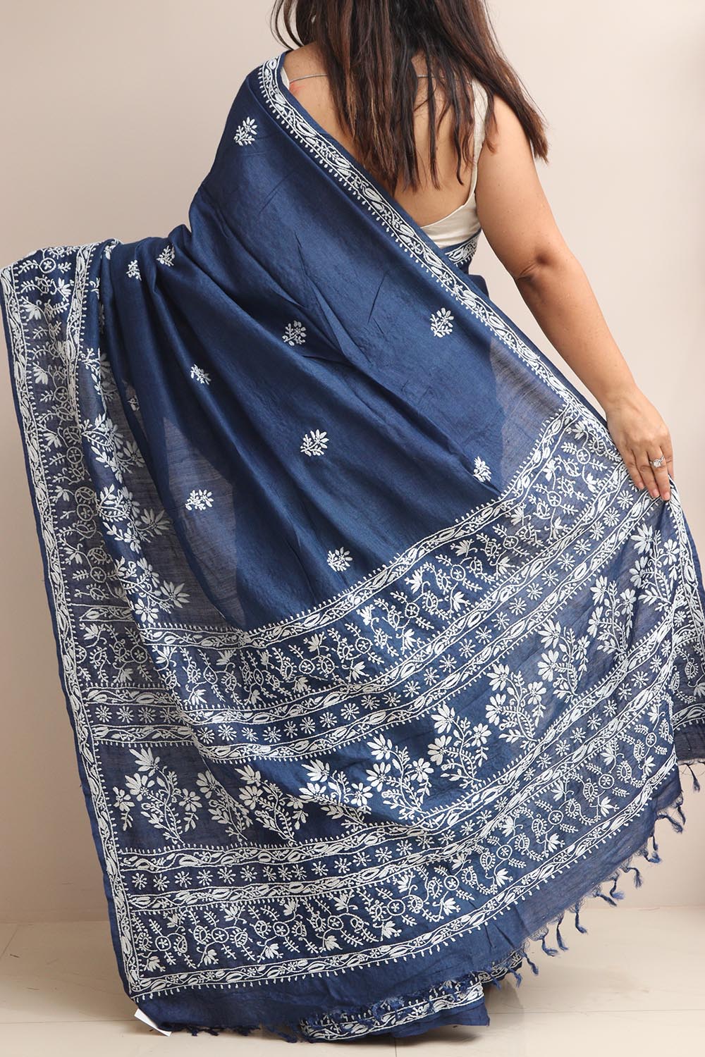 Blue Chikankari Pure Tussar Silk Embroidered Saree - Luxurion World