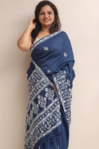 Blue Chikankari Pure Tussar Silk Embroidered Saree - Luxurion World