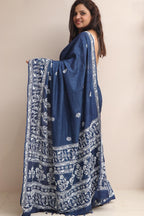 Blue Chikankari Pure Tussar Silk Embroidered Saree - Luxurion World