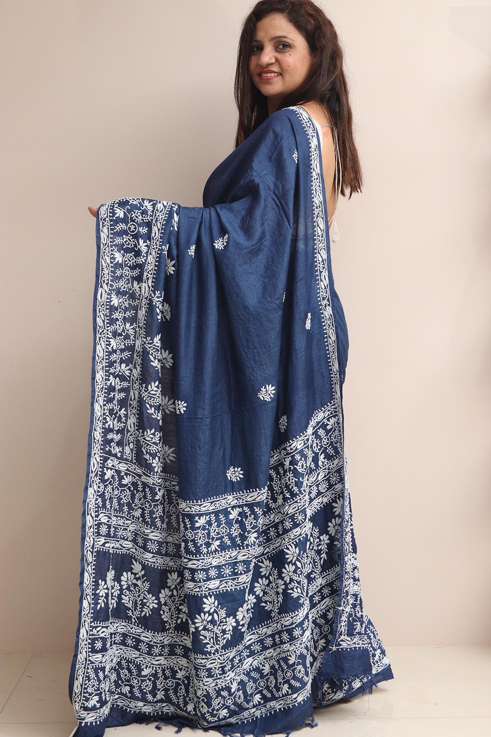 Blue Chikankari Pure Tussar Silk Embroidered Saree - Luxurion World